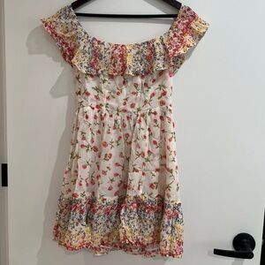 Reformation Floral Off-Shoulder Ruffle Mini Dress | Size 8 Cottagecore Romantic